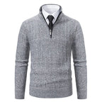 Gray Men's Half Zip Sweater with Ribbed Stand Collar & Relaxed Fit - Light Grey Close Up Collar