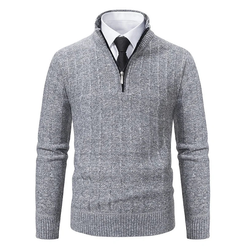 Gray Men's Half Zip Sweater with Ribbed Stand Collar & Relaxed Fit - Light Grey Close Up Collar