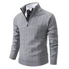 Men's Half Zip Sweater with Ribbed Stand Collar & Relaxed Fit - Light Grey Front Straight