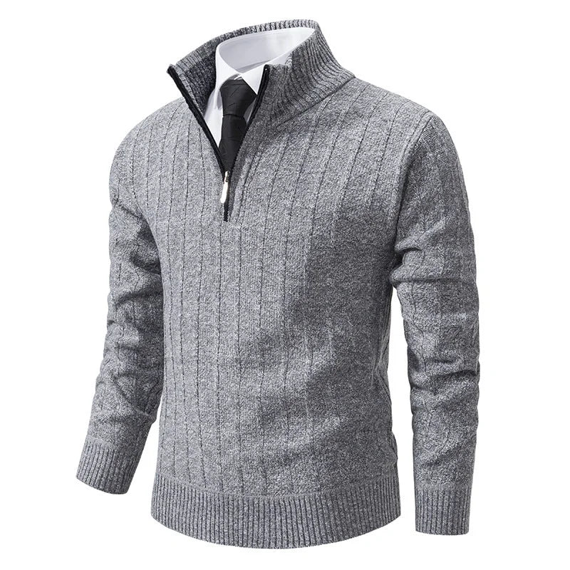 Men's Half Zip Sweater with Ribbed Stand Collar & Relaxed Fit - Light Grey Front Straight