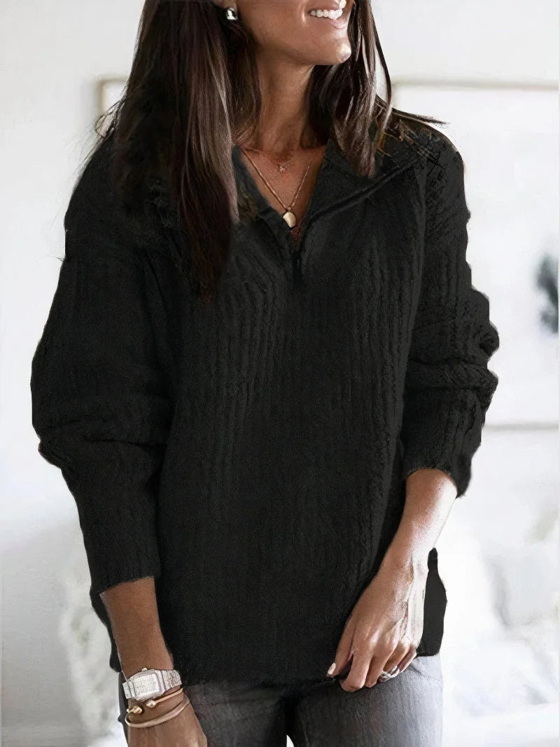 Black Women's Half Zip Sweater with Collared Neckline & Relaxed Fit