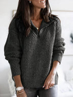 Dark Grey Women's Half Zip Sweater with Collared Neckline & Relaxed Fit
