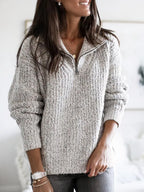 Grey Women's Half Zip Sweater with Collared Neckline & Relaxed Fit