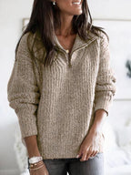 Khaki Women's Half Zip Sweater with Collared Neckline & Relaxed Fit