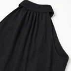 Black Women's Halter Cowl-Neck Wide-Leg Jumpsuit with Elastic Waist & Pockets — Dolly - Close Up Back Neckline