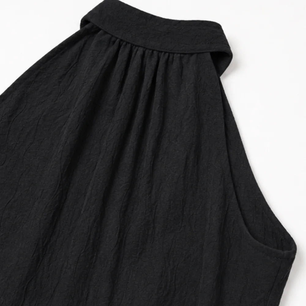 Black Women's Halter Cowl-Neck Wide-Leg Jumpsuit with Elastic Waist & Pockets — Dolly - Close Up Back Neckline