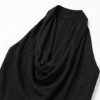 Black Women's Halter Cowl-Neck Wide-Leg Jumpsuit with Elastic Waist & Pockets — Dolly - Close Up Neckline
