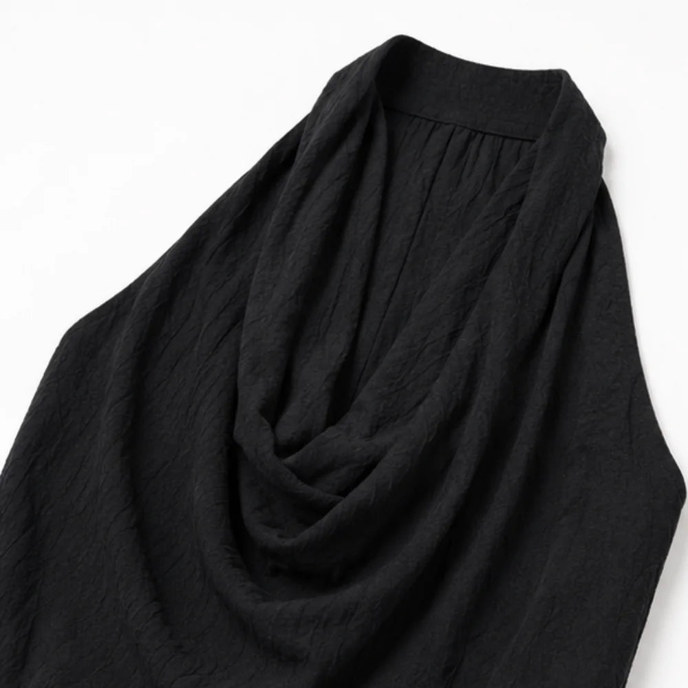 Black Women's Halter Cowl-Neck Wide-Leg Jumpsuit with Elastic Waist & Pockets — Dolly - Close Up Neckline