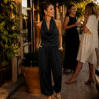 Black Women's Halter Cowl-Neck Wide-Leg Jumpsuit with Elastic Waist & Pockets — Dolly - Outdoor Lifestyle