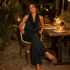 Black Women's Halter Cowl-Neck Wide-Leg Jumpsuit with Elastic Waist & Pockets — Dolly - Seated Dinner