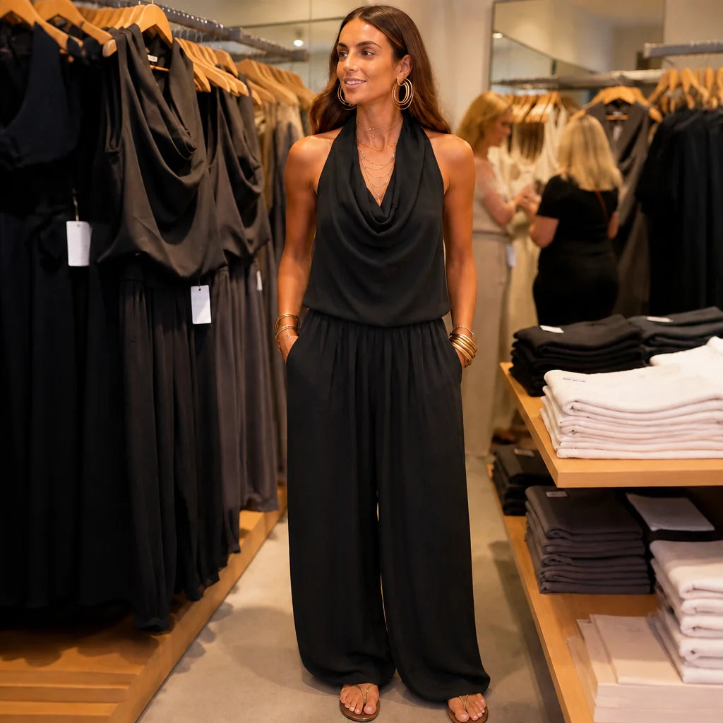 Black Women's Halter Cowl-Neck Wide-Leg Jumpsuit with Elastic Waist & Pockets — Dolly - Store Lifestyle