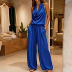 Blue Women's Halter Cowl-Neck Wide-Leg Jumpsuit with Elastic Waist & Pockets — Dolly - Front Full