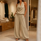 Camel Women's Halter Cowl-Neck Wide-Leg Jumpsuit with Elastic Waist & Pockets — Dolly - Front Full