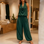 Green Women's Halter Cowl-Neck Wide-Leg Jumpsuit with Elastic Waist & Pockets — Dolly - Front Full Dark