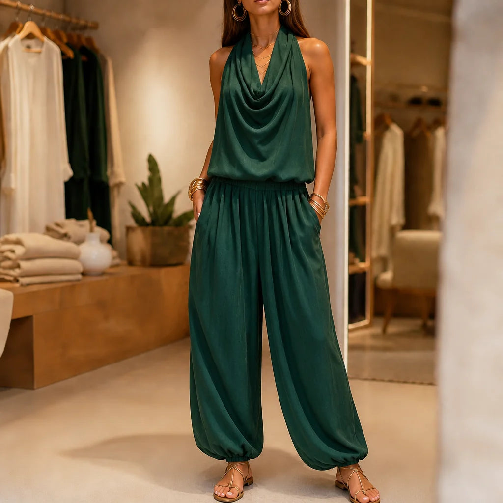 Green Women's Halter Cowl-Neck Wide-Leg Jumpsuit with Elastic Waist & Pockets — Dolly - Front Full Dark