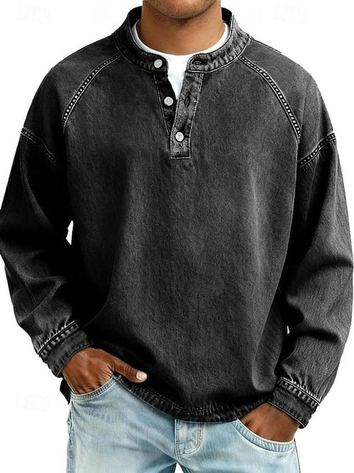 Black Men's Henley Sweater with Button-Front Placket & Raglan Sleeves — Roman