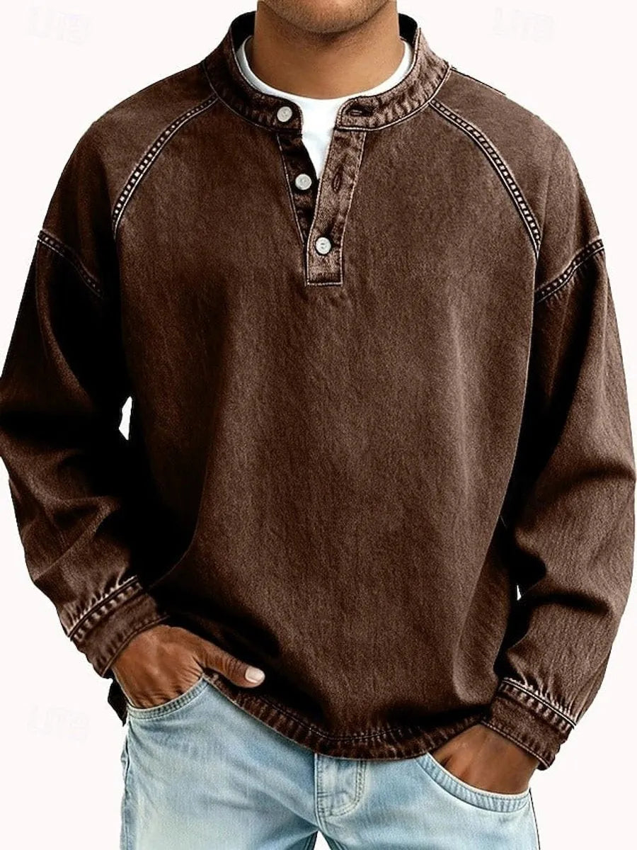 Brown Men's Henley Sweater with Button-Front Placket & Raglan Sleeves — Roman
