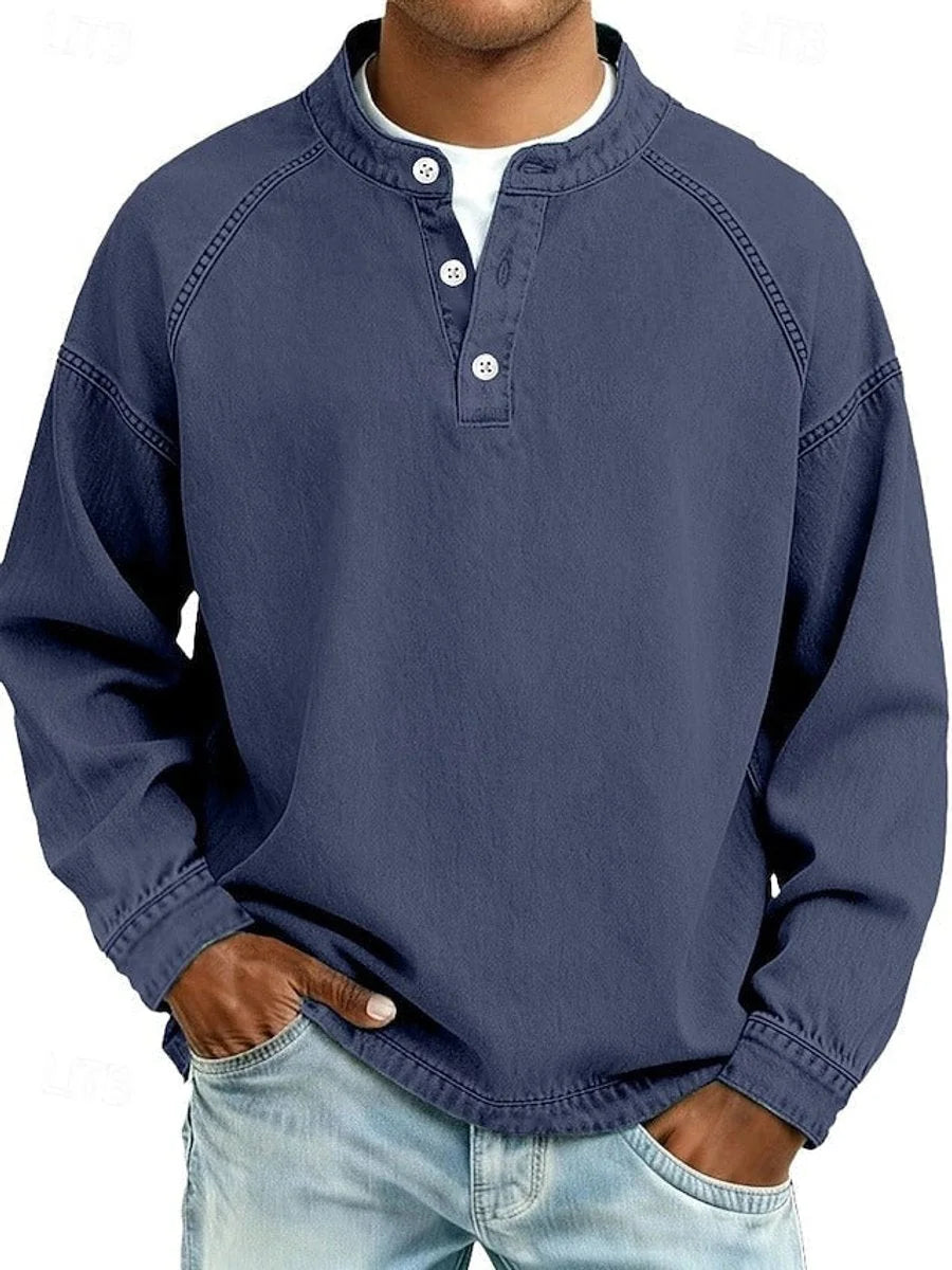 Dark Blue Men's Henley Sweater with Button-Front Placket & Raglan Sleeves — Roman