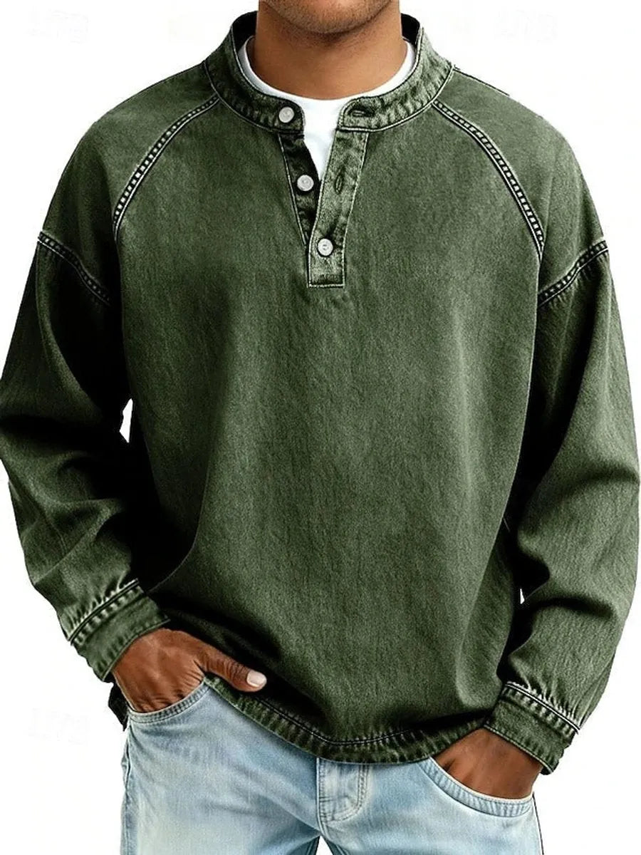 Dark Green Men's Henley Sweater with Button-Front Placket & Raglan Sleeves — Roman