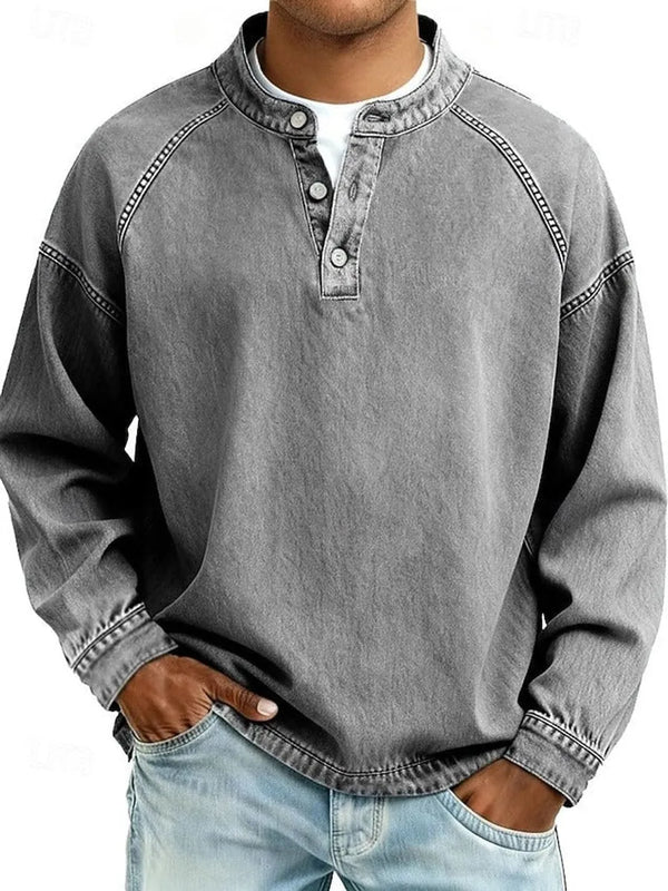 Grey Men's Henley Sweater with Button-Front Placket & Raglan Sleeves — Roman