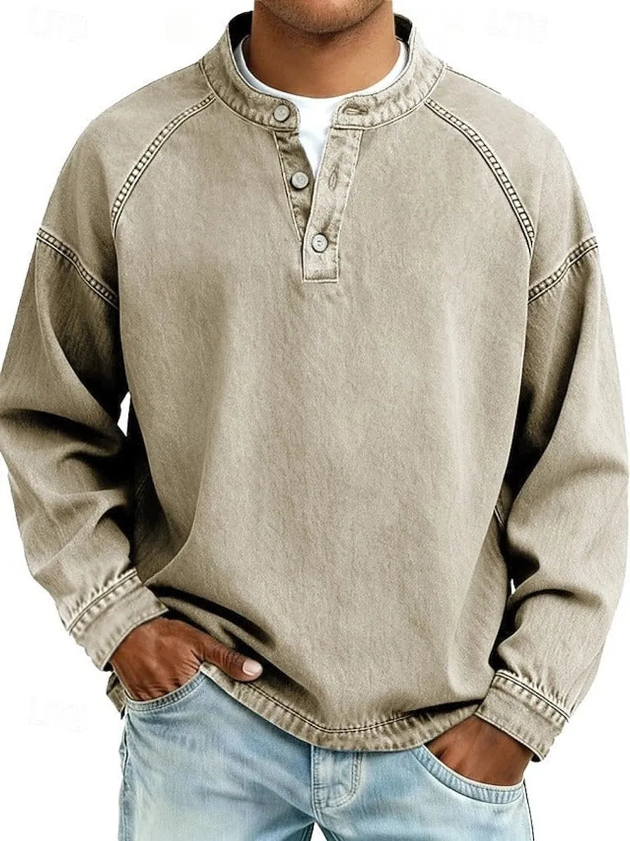 Khaki Men's Henley Sweater with Button-Front Placket & Raglan Sleeves — Roman