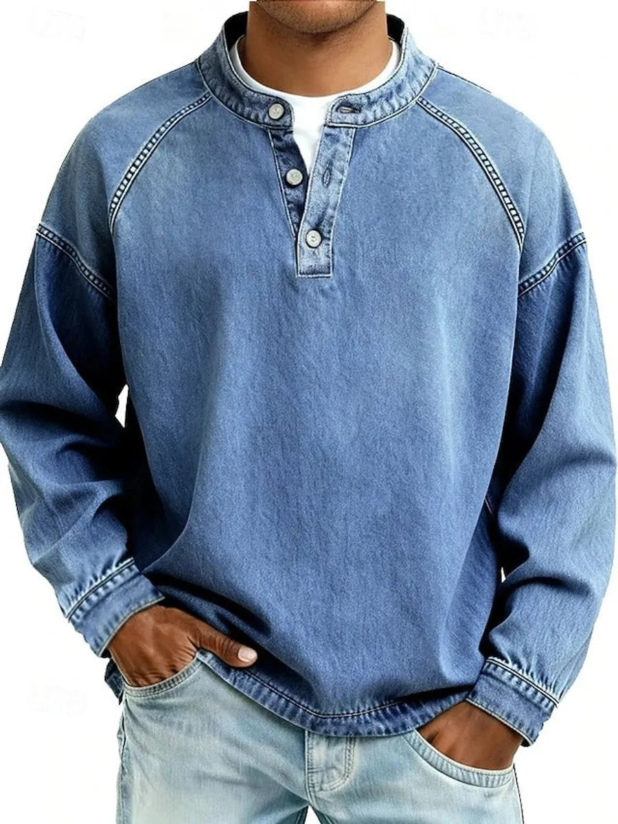 Light Blue Men's Henley Sweater with Button-Front Placket & Raglan Sleeves — Roman