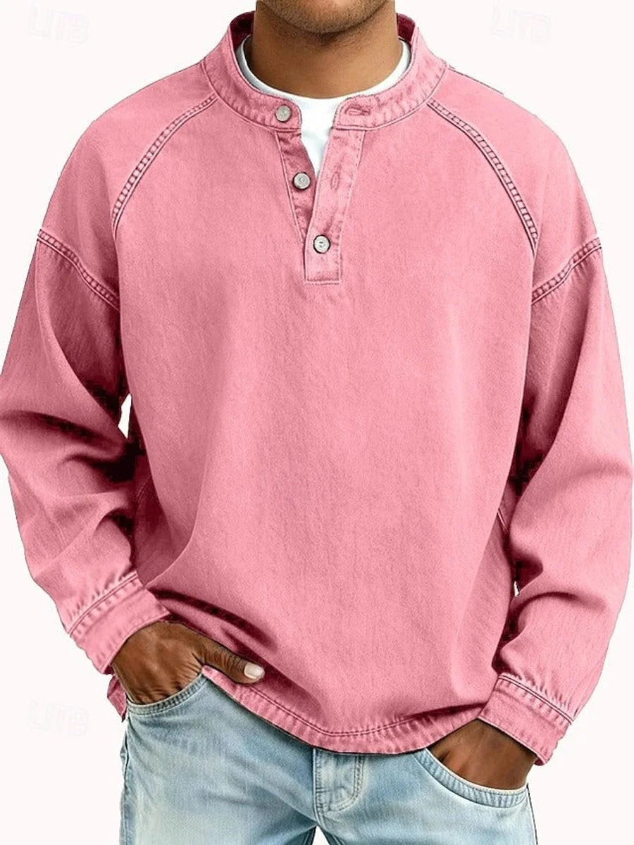 Pink Men's Henley Sweater with Button-Front Placket & Raglan Sleeves — Roman