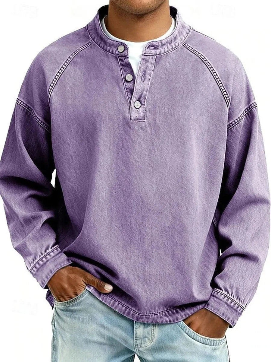 Purple Men's Henley Sweater with Button-Front Placket & Raglan Sleeves — Roman