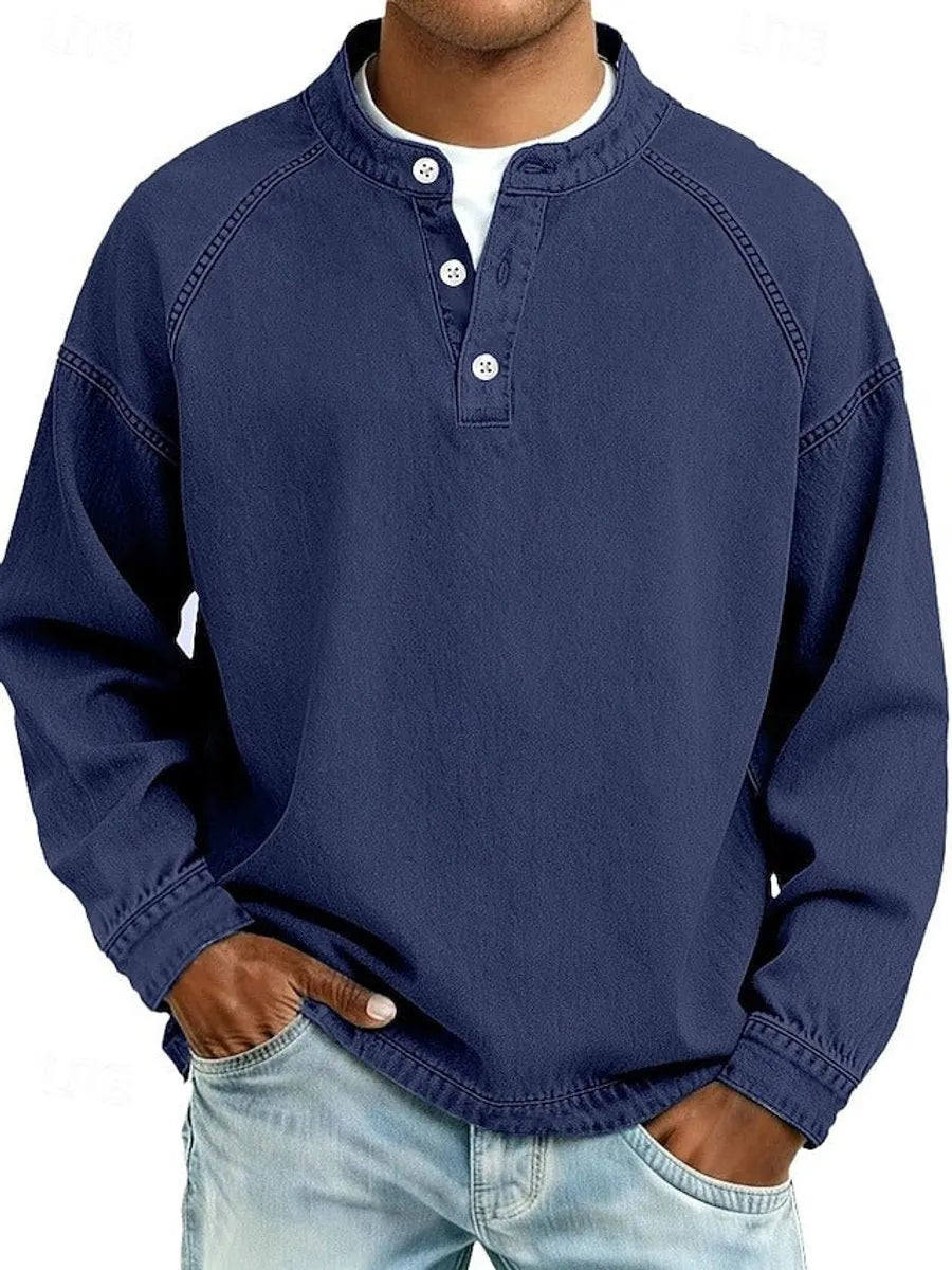 Royal Blue Men's Henley Sweater with Button-Front Placket & Raglan Sleeves — Roman
