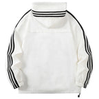 Beige Men's Nylon Hooded Jacket with Striped Sleeve Trim & Zip Pockets — Holden - Back Full