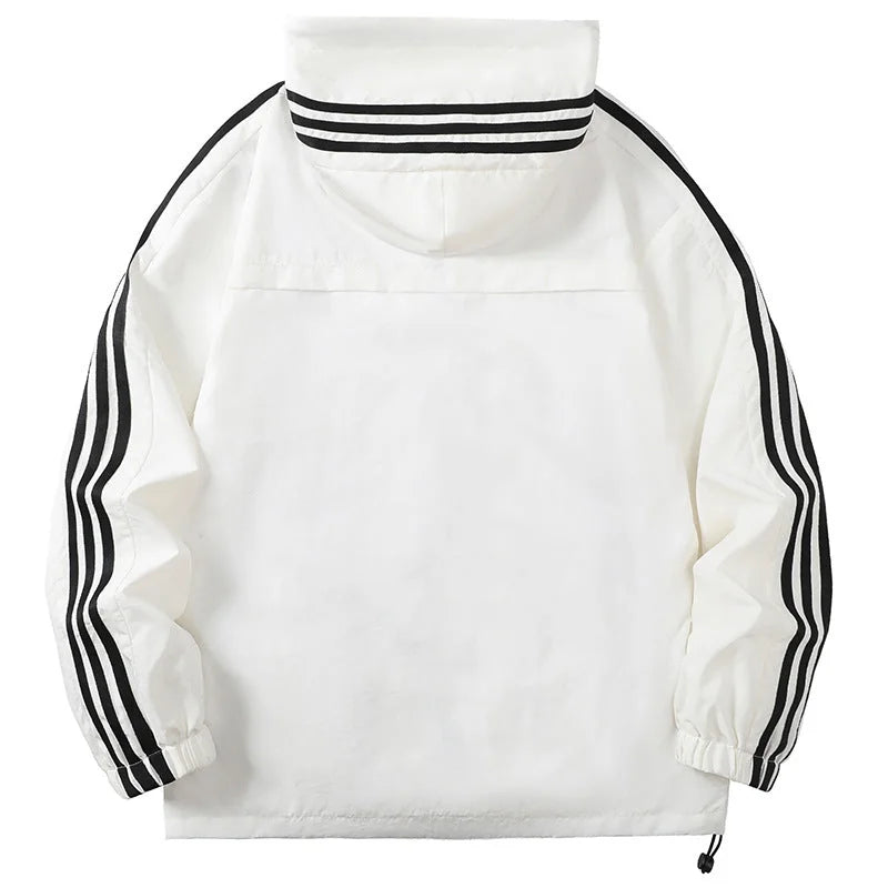 Beige Men's Nylon Hooded Jacket with Striped Sleeve Trim & Zip Pockets — Holden - Back Full