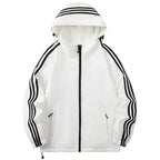Beige Men's Nylon Hooded Jacket with Striped Sleeve Trim & Zip Pockets — Holden - Front Full