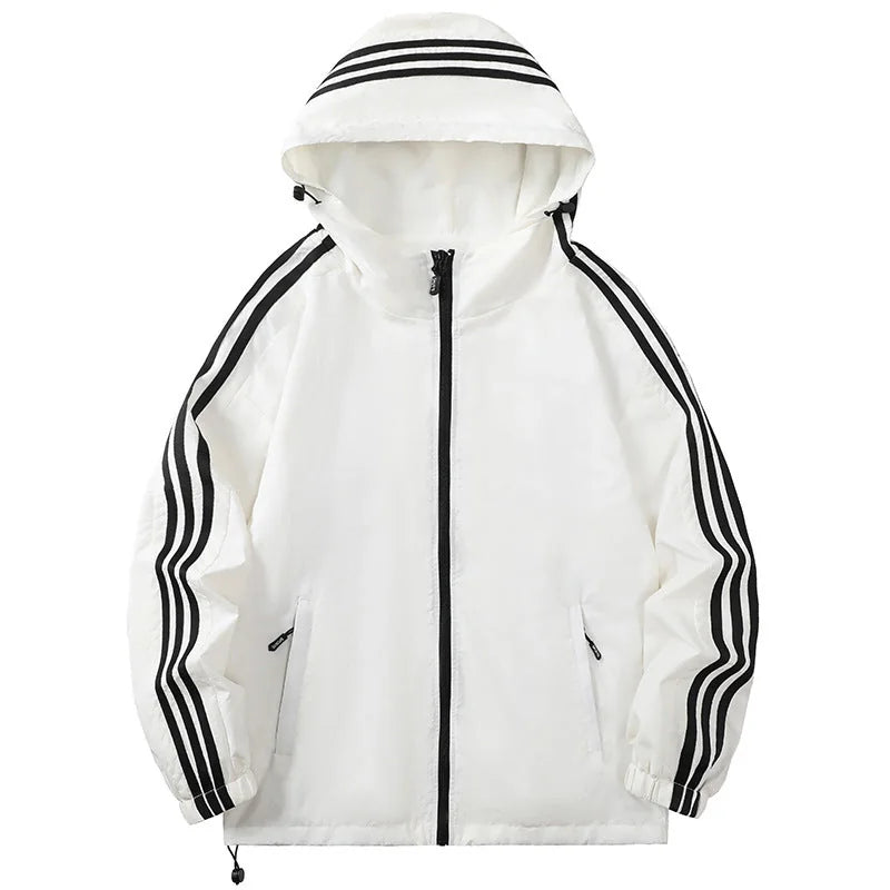 Beige Men's Nylon Hooded Jacket with Striped Sleeve Trim & Zip Pockets — Holden - Front Full