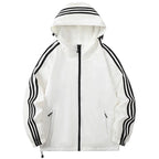Beige Men's Nylon Hooded Jacket with Striped Sleeve Trim & Zip Pockets — Holden