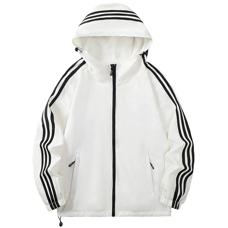 Beige Men's Nylon Hooded Jacket with Striped Sleeve Trim & Zip Pockets — Holden