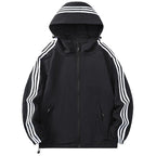 Black Men's Nylon Hooded Jacket with Striped Sleeve Trim & Zip Pockets — Holden - Front Close