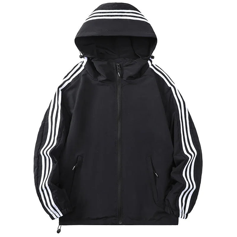 Black Men's Nylon Hooded Jacket with Striped Sleeve Trim & Zip Pockets — Holden - Front Close