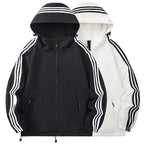 Black Men's Nylon Hooded Jacket with Striped Sleeve Trim & Zip Pockets — Holden - Front Full Comparison