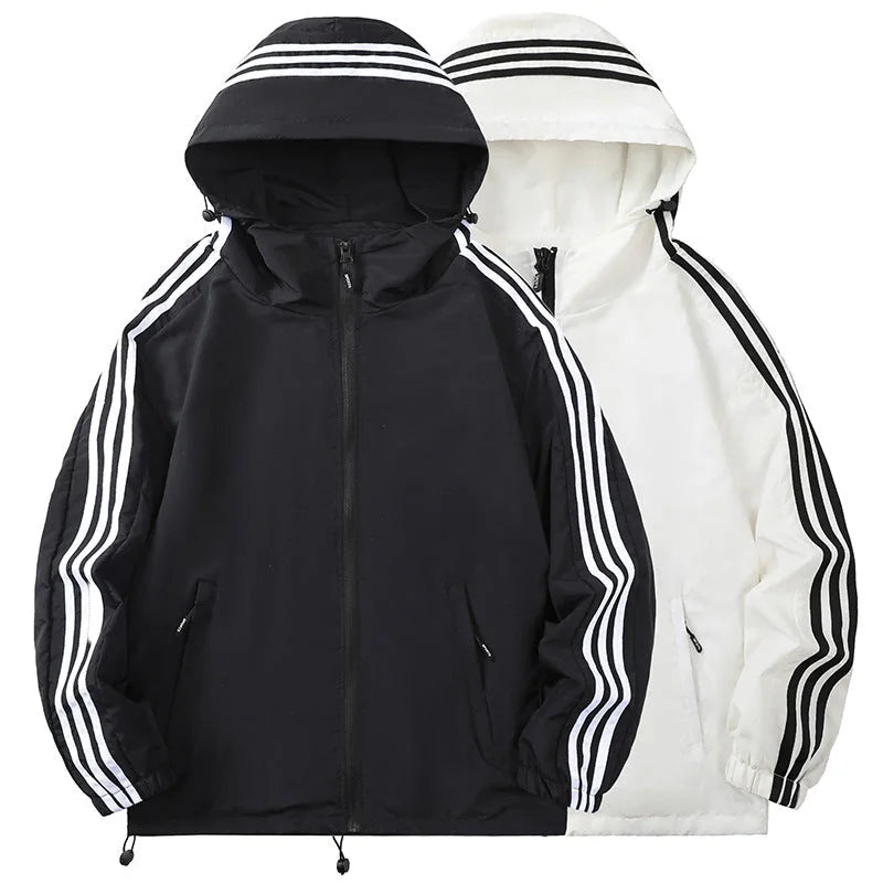 Black Men's Nylon Hooded Jacket with Striped Sleeve Trim & Zip Pockets — Holden - Front Full Comparison