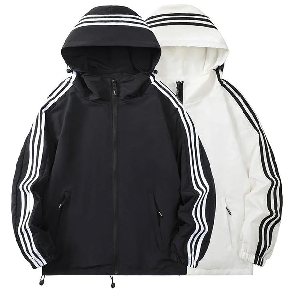 Men's Nylon Hooded Jacket with Striped Sleeve Trim & Zip Pockets — Holden