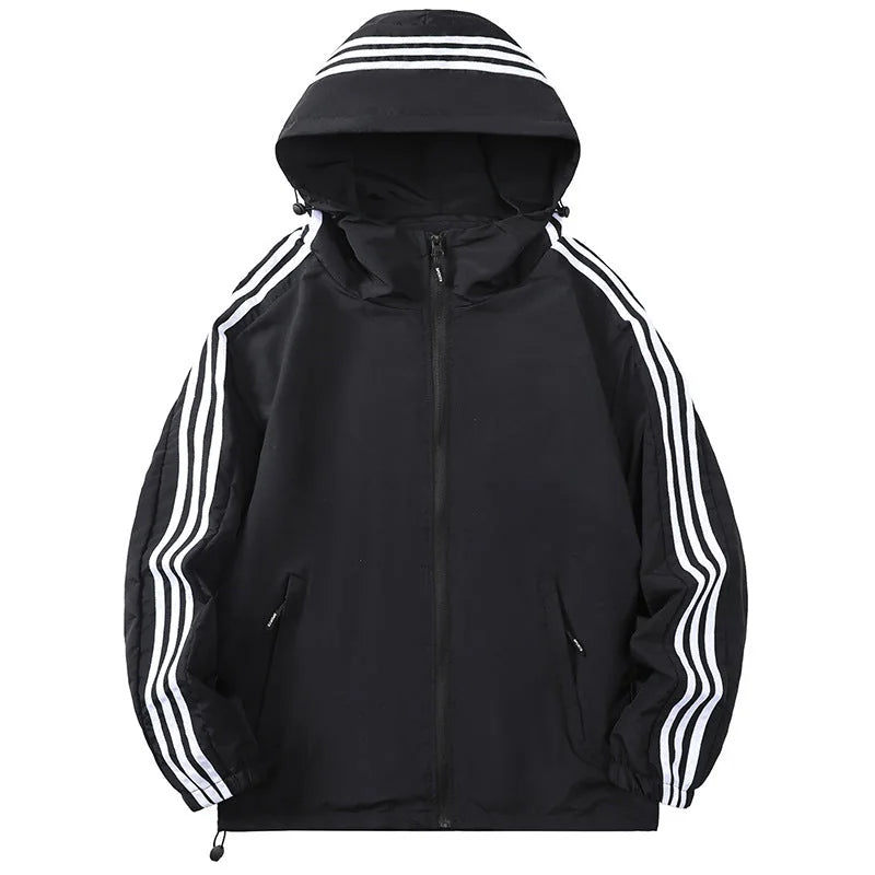 Black Men's Nylon Hooded Jacket with Striped Sleeve Trim & Zip Pockets — Holden