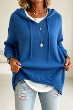 Blue Women's Hooded Knit Sweater with Ribbed Trim & Oversized Fit