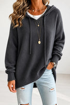Gray Women's Hooded Knit Sweater with Ribbed Trim & Oversized Fit