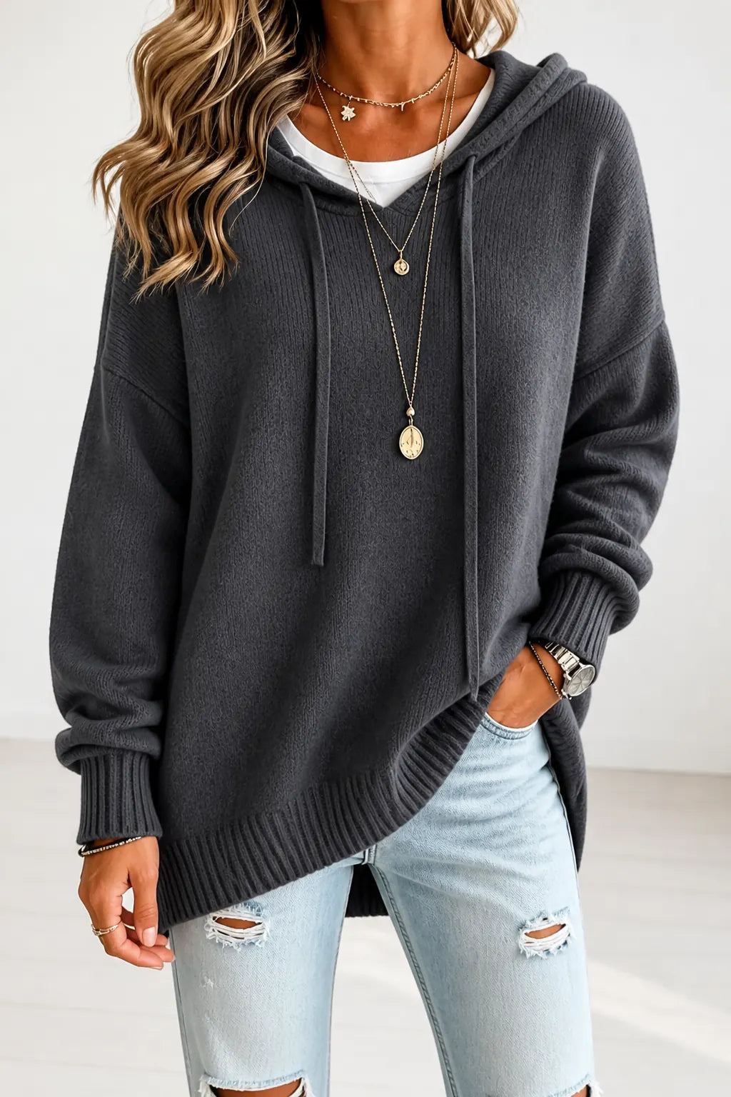Gray Women's Hooded Knit Sweater with Ribbed Trim & Oversized Fit