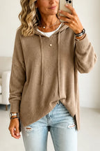 Khaki Women's Hooded Knit Sweater with Ribbed Trim & Oversized Fit