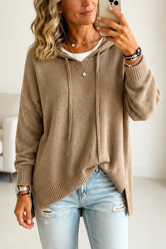 Khaki Women's Hooded Knit Sweater with Ribbed Trim & Oversized Fit