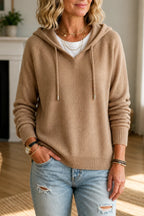 Khaki Women's Hooded Knit Sweater with Ribbed Cuffs & Drawstring Hood