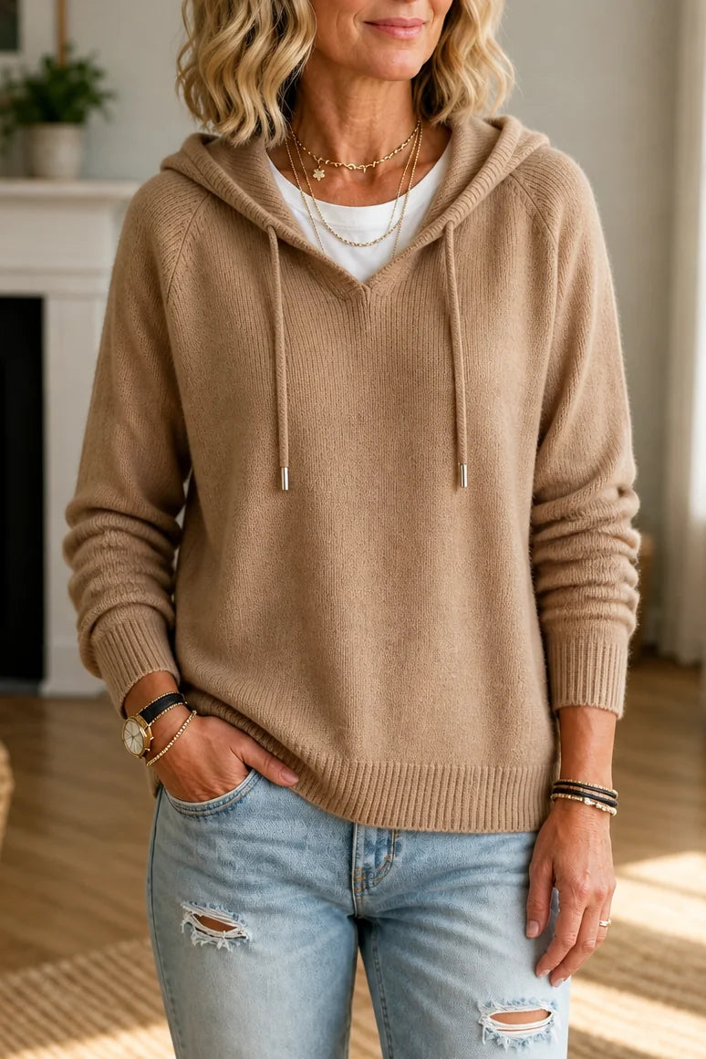 Khaki Women's Hooded Knit Sweater with Ribbed Cuffs & Drawstring Hood