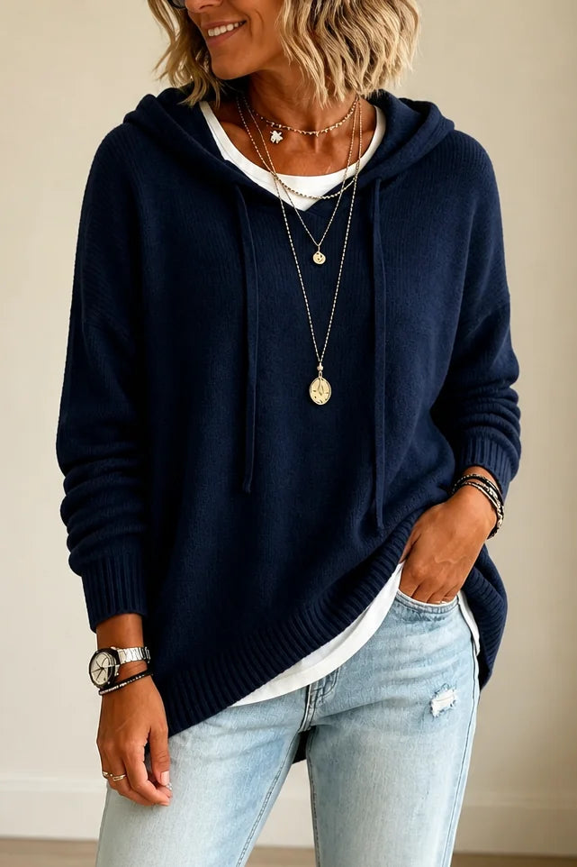Navy Blue Women's Hooded Knit Sweater with Ribbed Trim & Oversized Fit