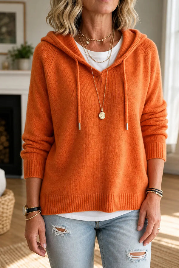 Women's Hooded Knit Sweater with Ribbed Cuffs & Drawstring Hood — Aida